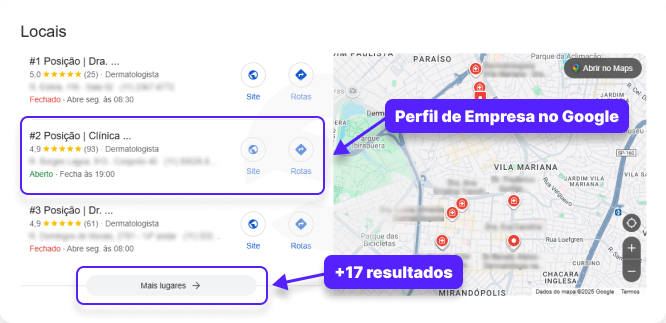 Clínica médica nas primeiras posições do Google (Local 3-Pack exemplo)